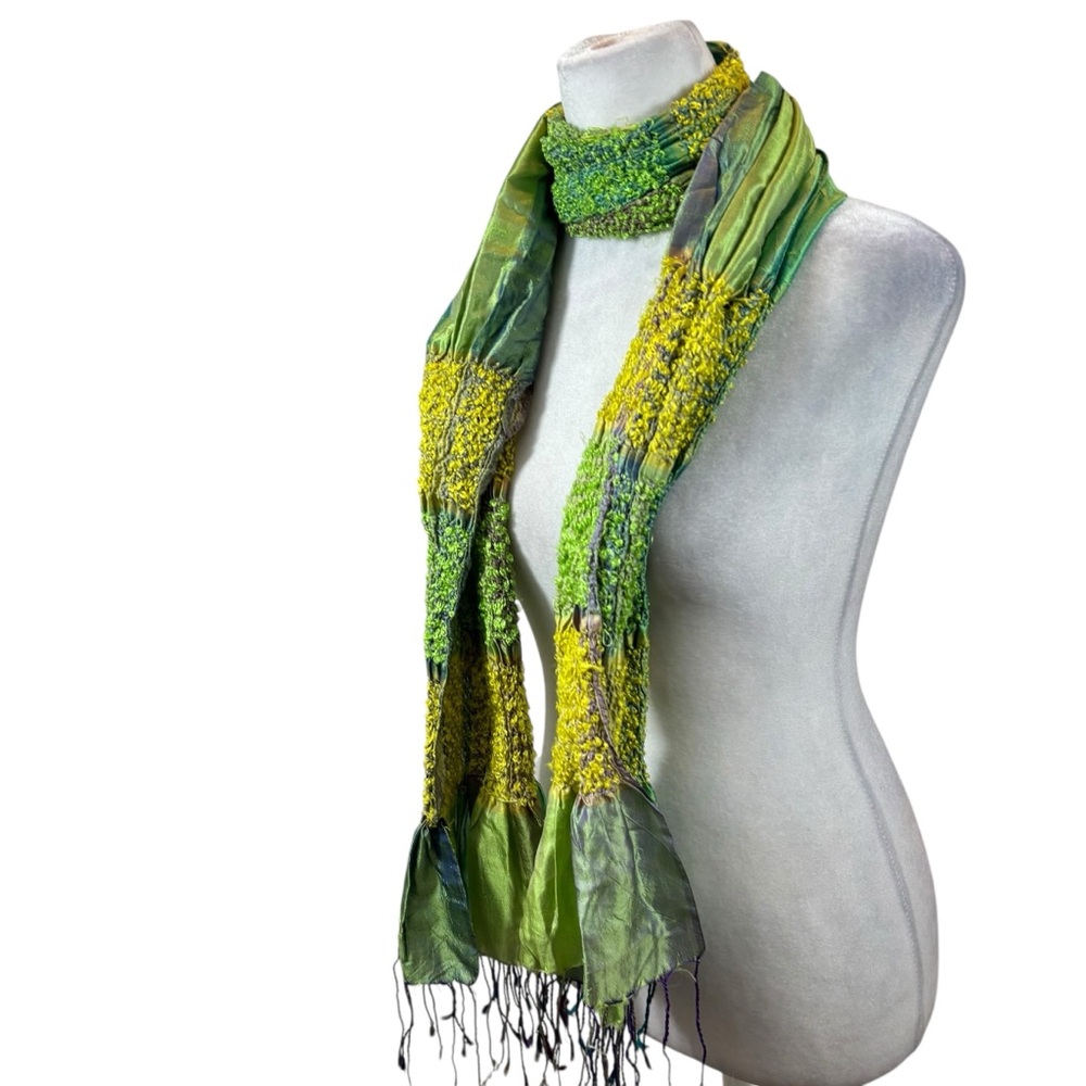 Ladies Natural Brand Silk Blend‎ Scarf Green and Yellow Fringe End